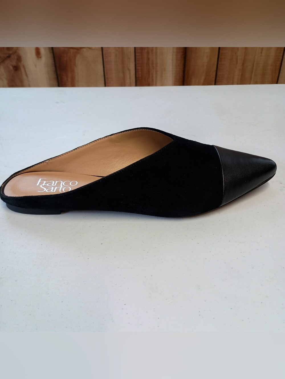 Franco Sarto Mule Flats Womens 8 Black Sharin Suede Leather Cap Toe Pointed - Picture 4 of 11